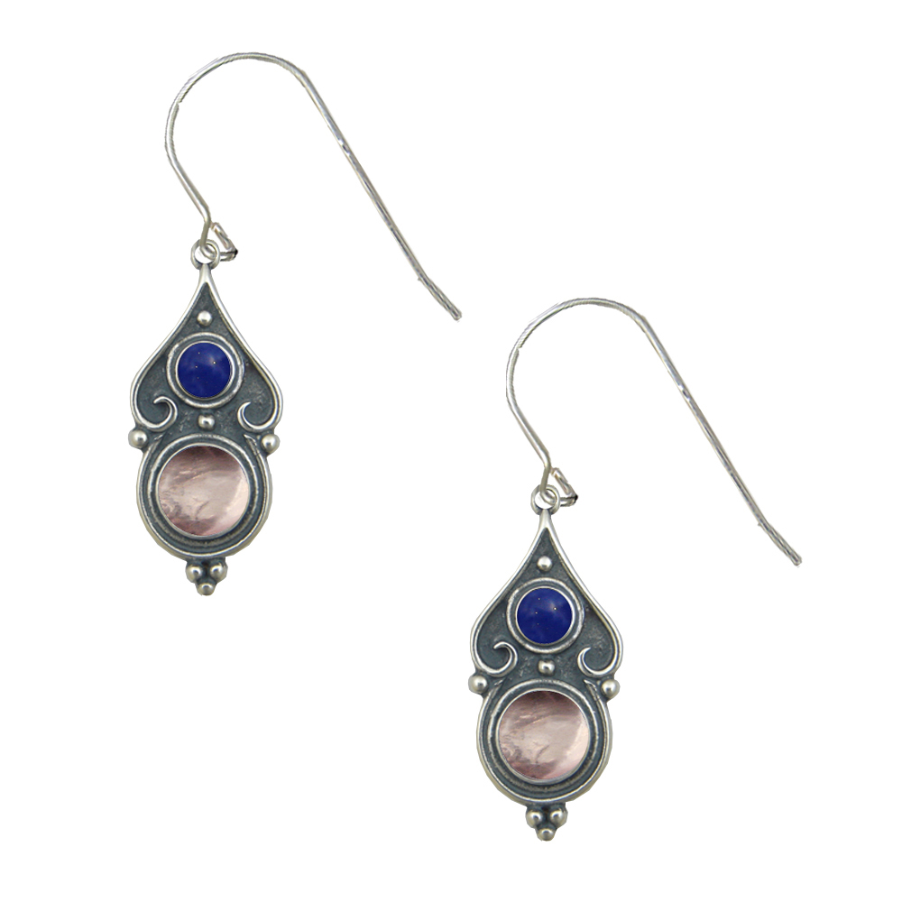 Sterling Silver Designer Post Stud Earrings With Rose Quartz And Lapis Lazuli